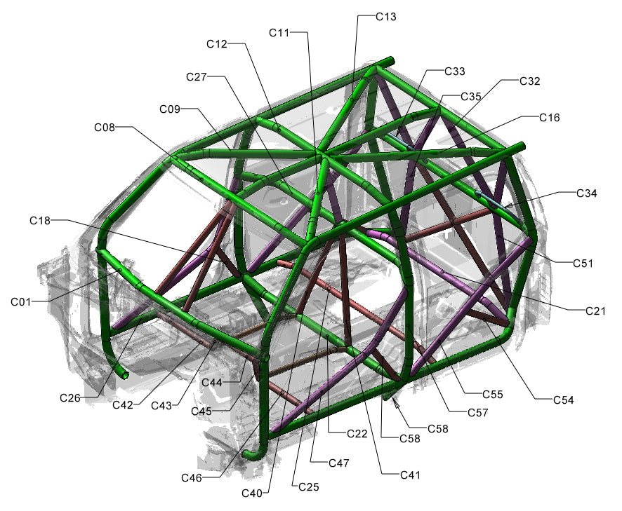 Full roll cage design, color-coded by tube assembly for easier assembly